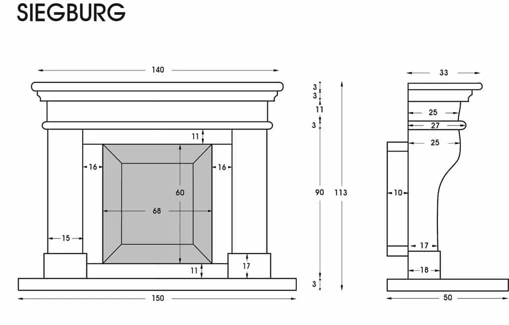 Kaminzeichnung mit Maßen