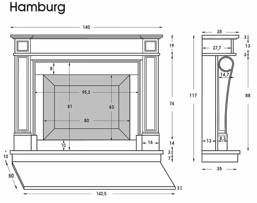 Kamin Umrisszeichnung mit Maßen