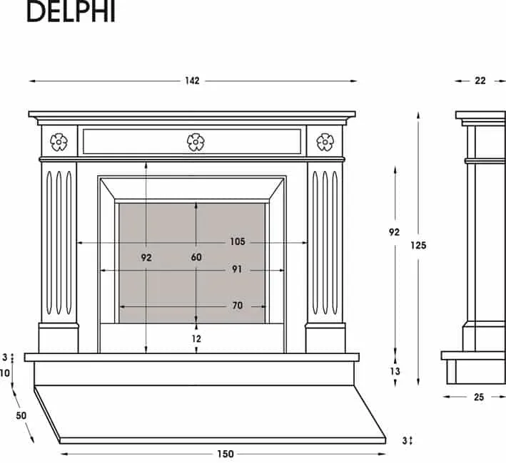 Kaminumriss mit Maßen und Ansichten