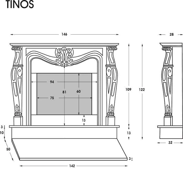 Kamin Umrisszeichnung mit Maßen